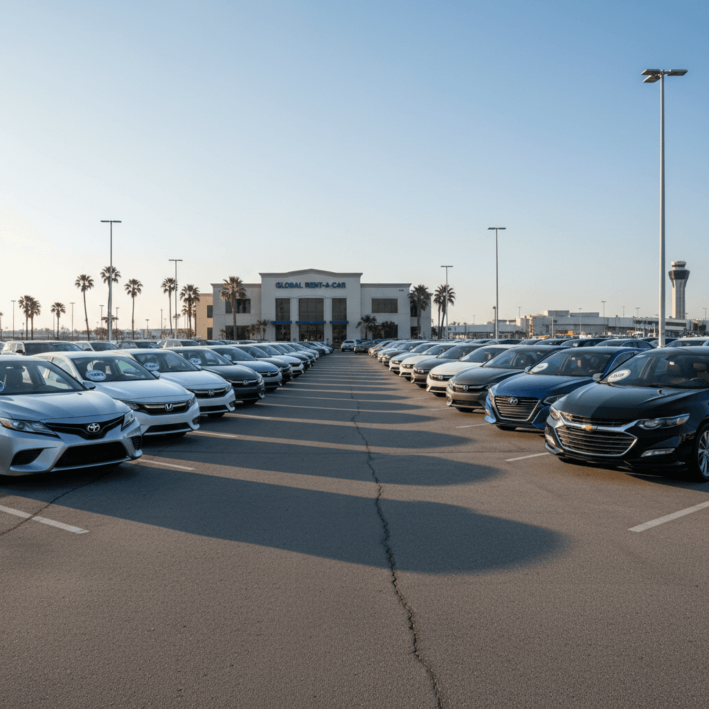Row of reliable sedans lined up neatly in a rental car lot