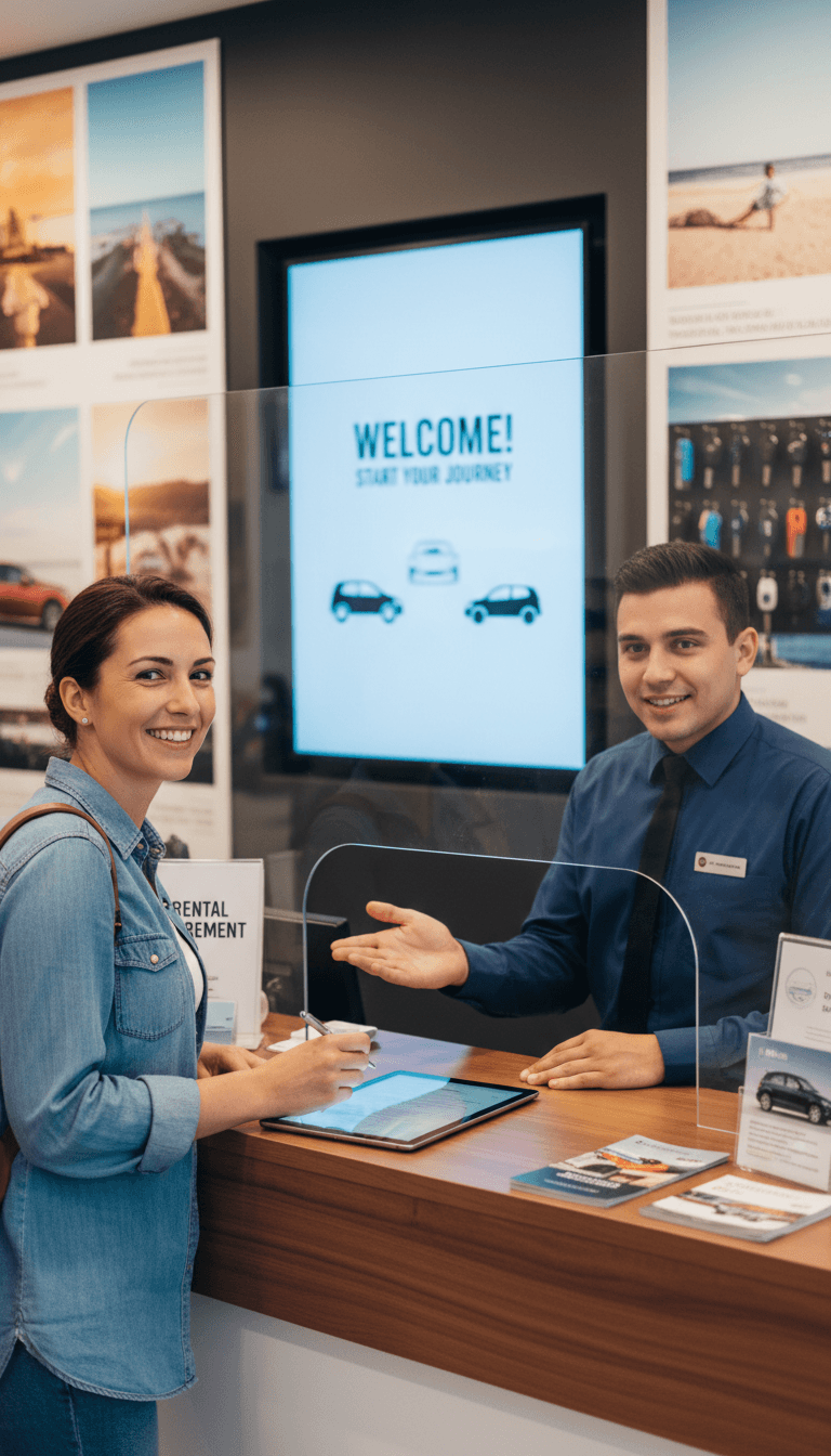 Driver signing rental paperwork at counter with keys ready