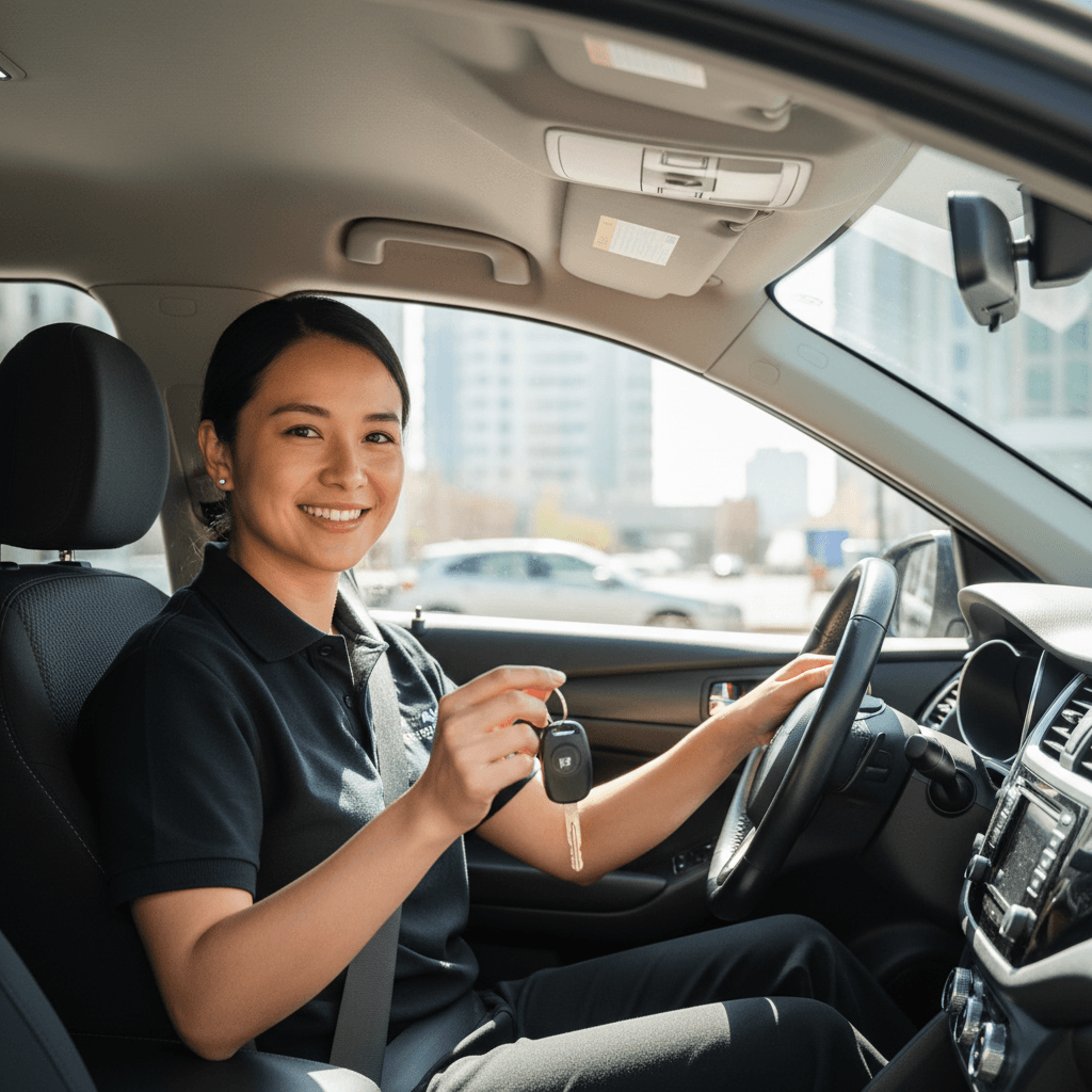 Driver smiling in car holding keys and ready to start working