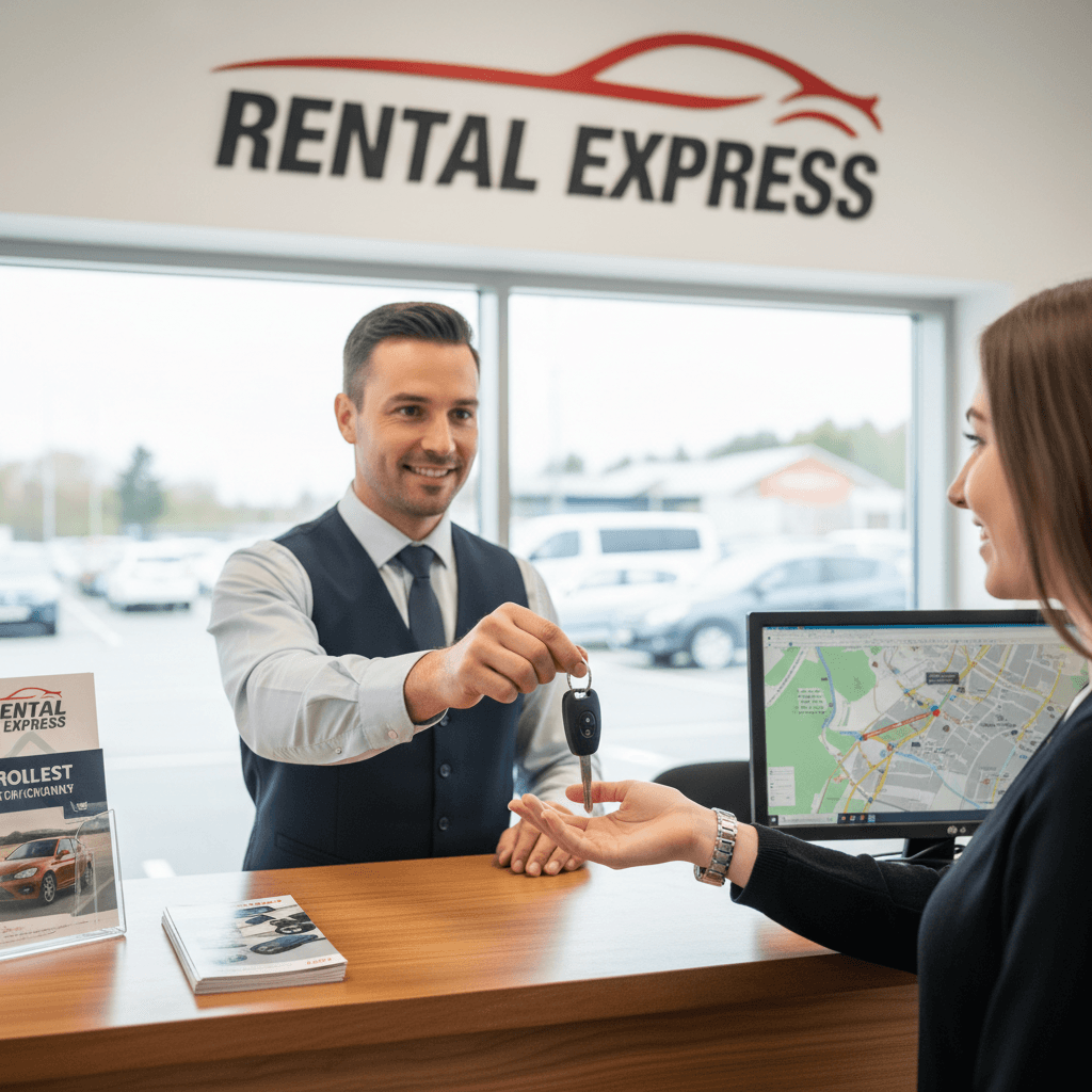 Rental representative handing car keys to a driver at a rental counter
