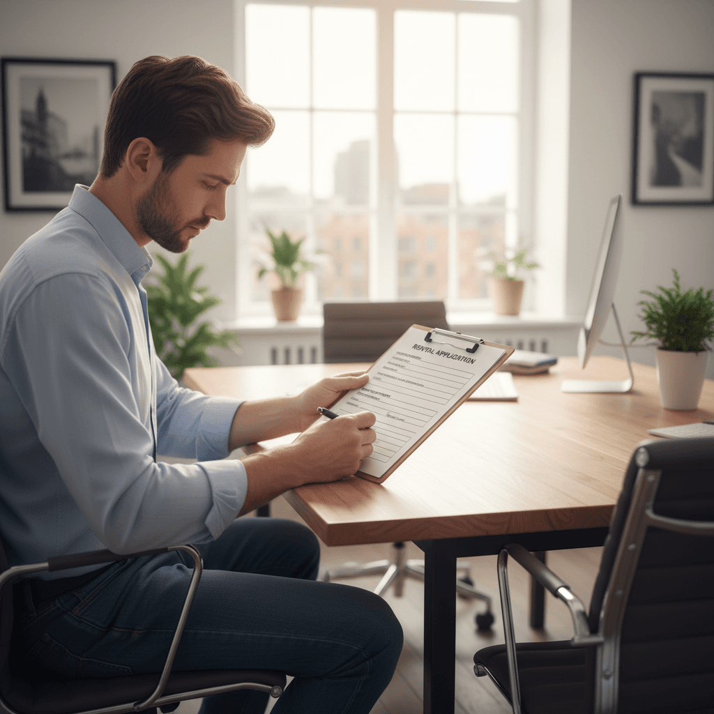Driver completing a rental application form on a clipboard