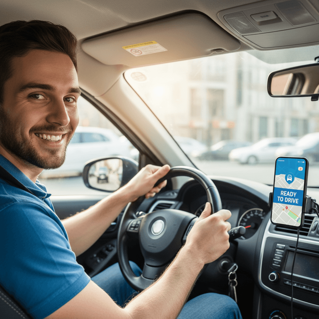 Smiling gig driver ready to work in a clean sedan