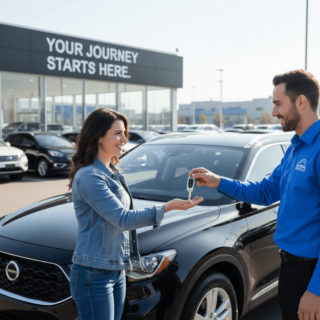 Customer receiving car keys from a rental agent