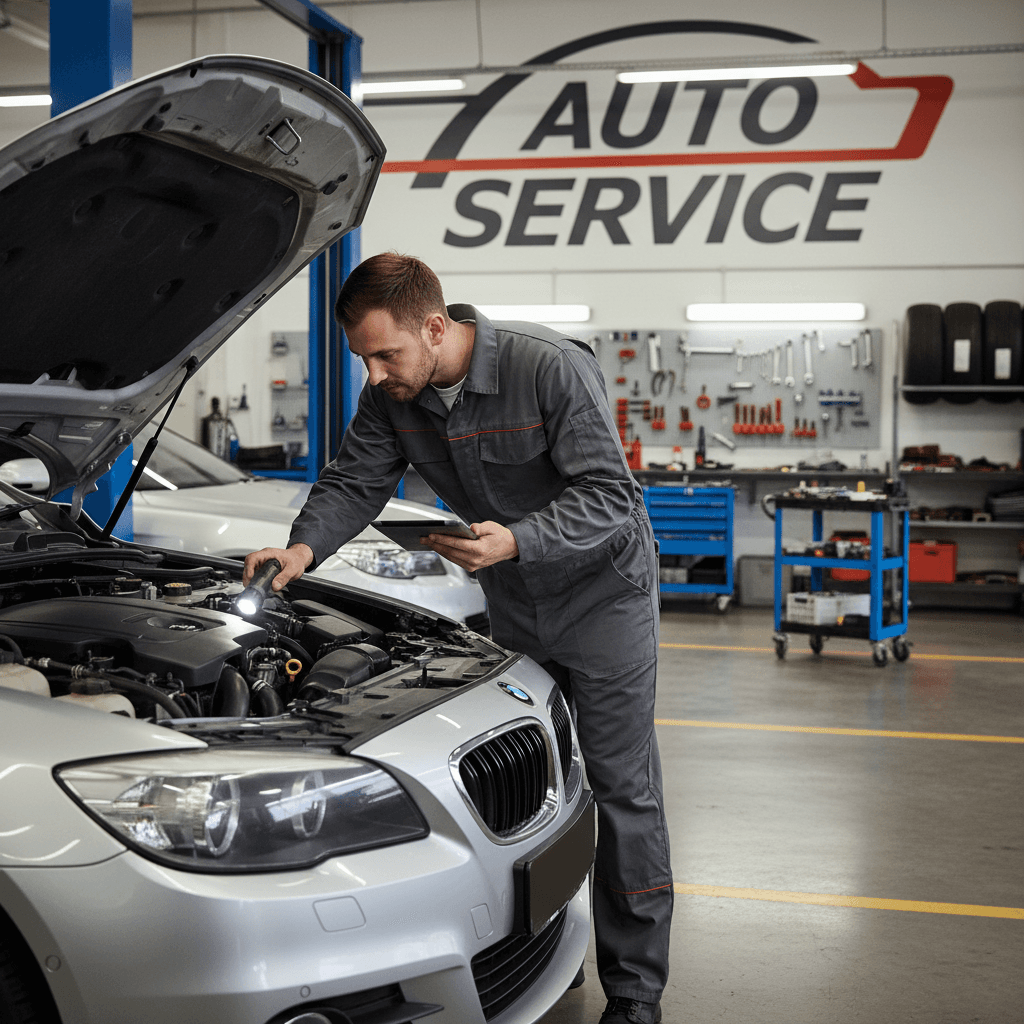 Mechanic checking oil and inspecting engine under the open hood of a car