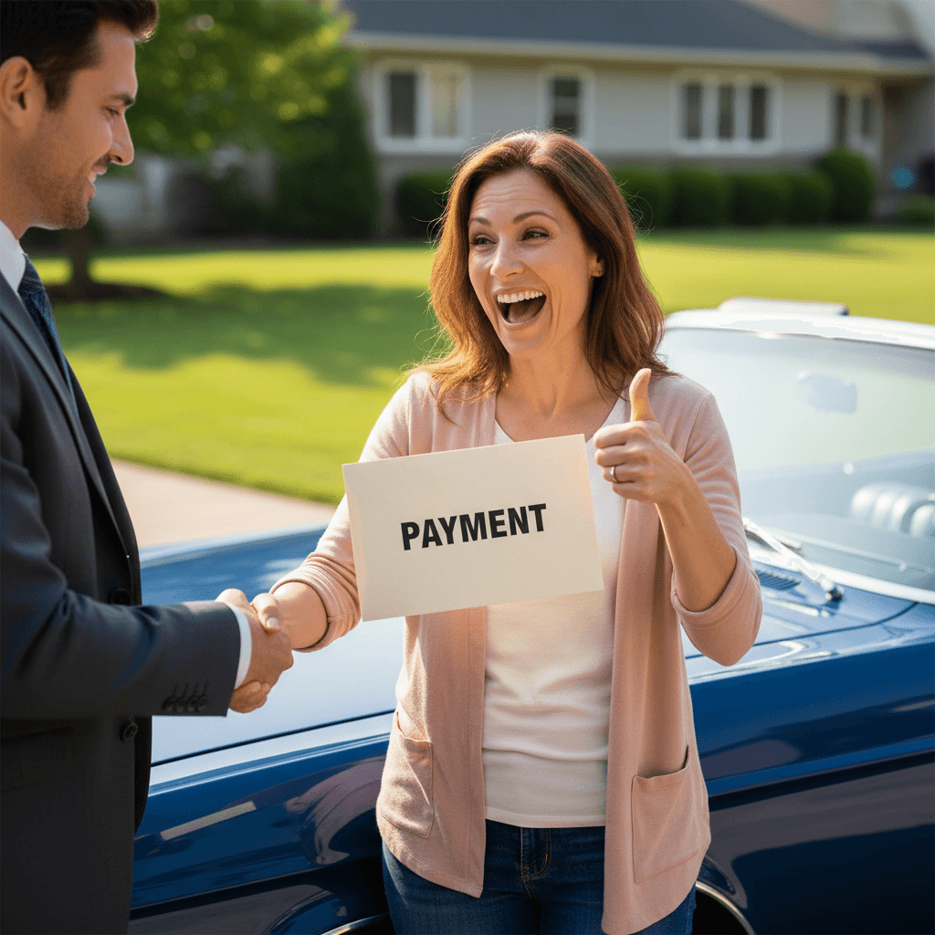 Happy car owner holding an envelope with payment while standing beside their car