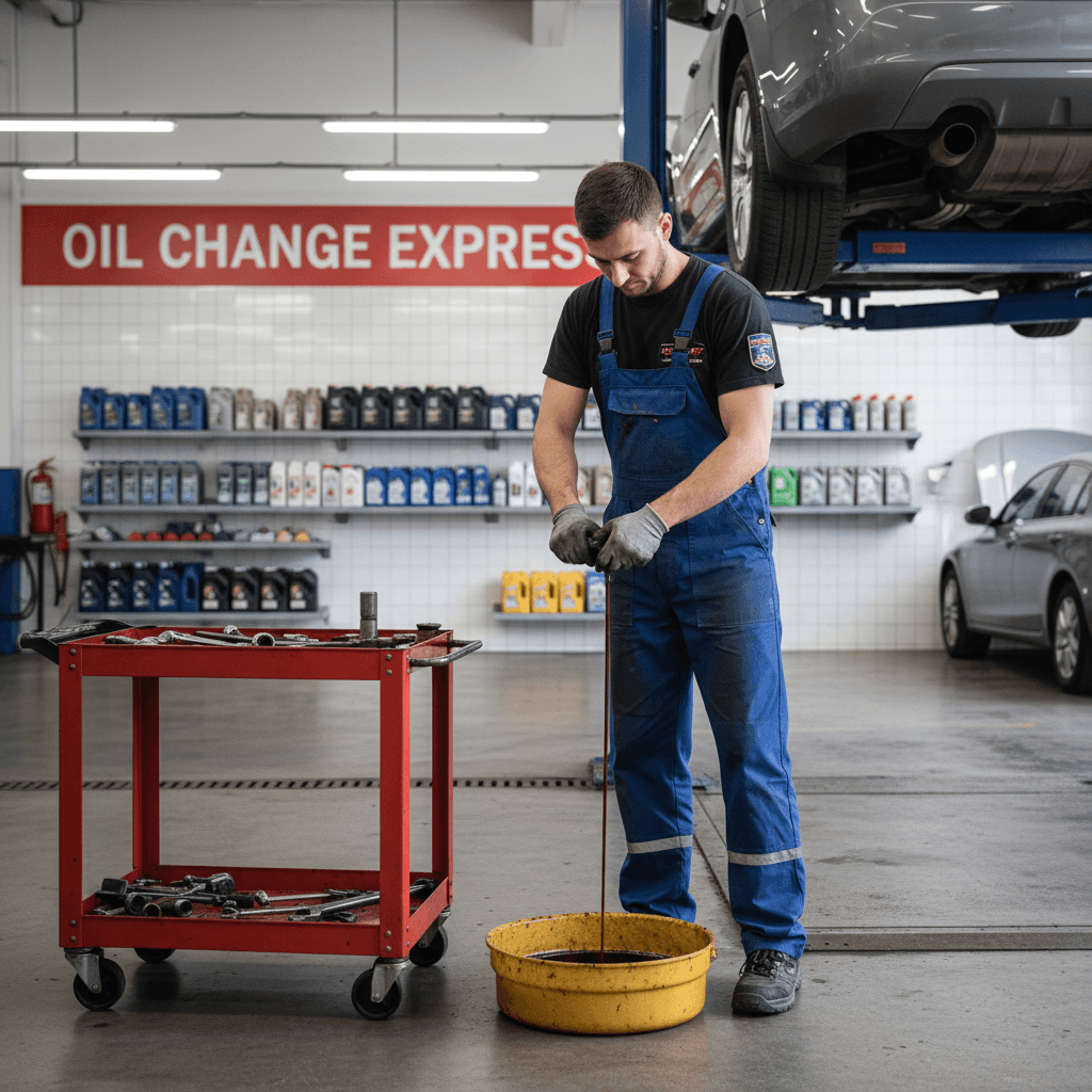 Mechanic performing routine maintenance on a sedan