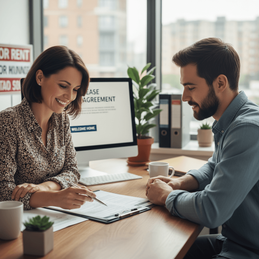 Rental agent reviewing driver paperwork at a desk