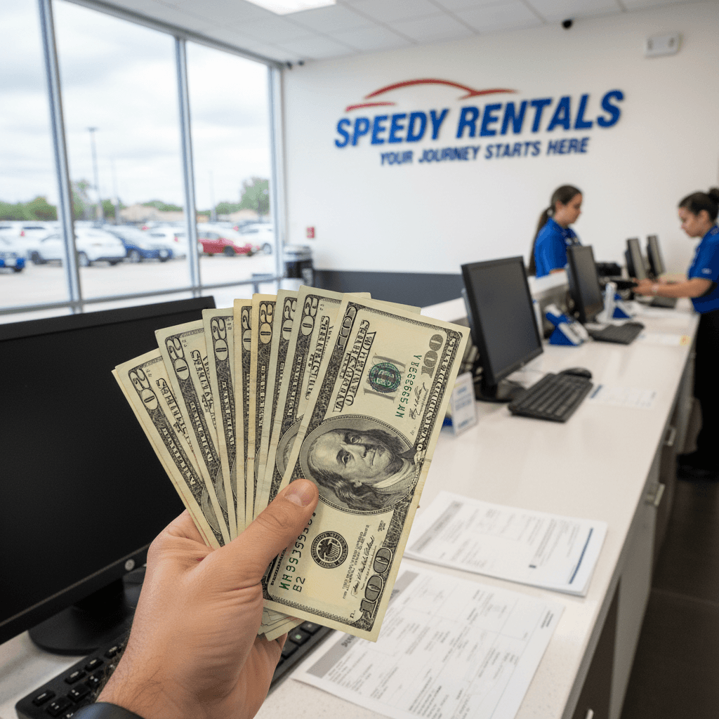 Hand holding cash payment at a rental counter