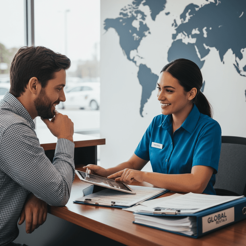 Friendly staff member at a rental desk reviewing documents with a customer